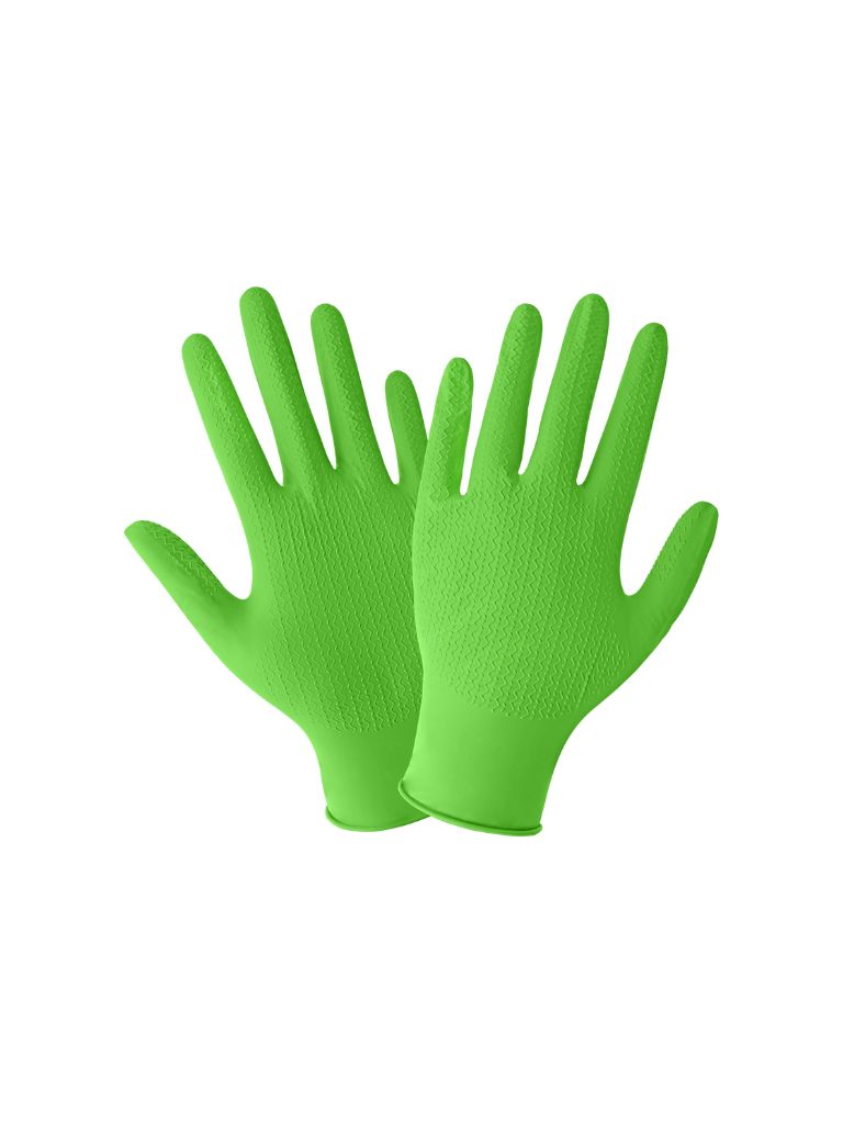 Panther-Guard® Biodegradable Nitrile, Powder-Free, Industrial-Grade, High-Visibility Green, 6-Mil, Unique Wave Pattern, 9.5-Inch Disposable Gloves - 945PF